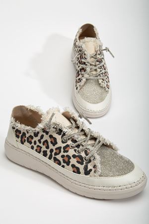 Neva Taşlı Düz Taban Kadın Leopar Kot Sneakers 