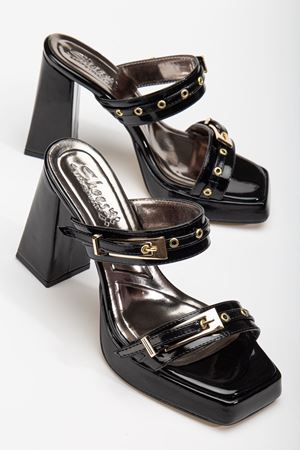 Tommo Siyah Rugan Platformlu Açık Burunlu Kalın Topuklu Ayakkabı