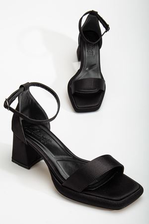 Suzi Siyah Saten Platformlu Açık Burunlu Kalın Topuklu Ayakkabı 