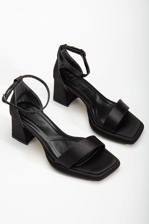 Suzi Siyah Saten Platformlu Açık Burunlu Kalın Topuklu Ayakkabı 