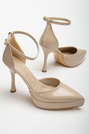 Edel Bej Rugan Platformlu Sivri Burunlu Kalın Topuklu Ayakkabı  