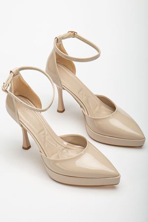 Edel Bej Rugan Platformlu Sivri Burunlu Kalın Topuklu Ayakkabı  