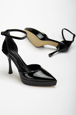 Edel Siyah Rugan Platformlu Sivri Burunlu Kalın Topuklu Ayakkabı  