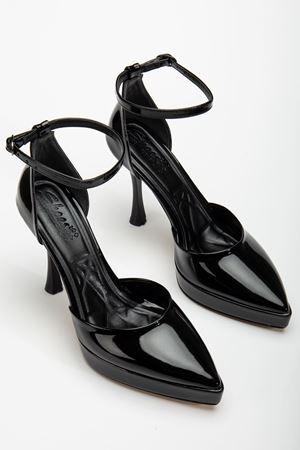 Edel Siyah Rugan Platformlu Sivri Burunlu Kalın Topuklu Ayakkabı  