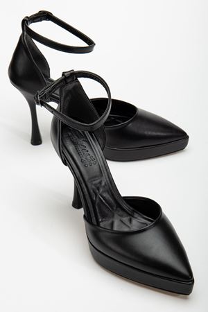 Edel Siyah Cilt Platformlu Sivri Burunlu Kalın Topuklu Ayakkabı  