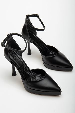 Edel Siyah Cilt Platformlu Sivri Burunlu Kalın Topuklu Ayakkabı  