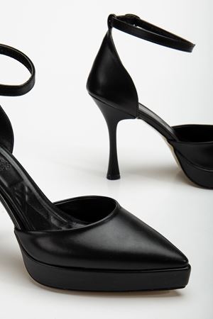 Edel Siyah Cilt Platformlu Sivri Burunlu Kalın Topuklu Ayakkabı  