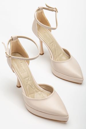 Edel Bej Cilt Platformlu Sivri Burunlu Kalın Topuklu Ayakkabı  