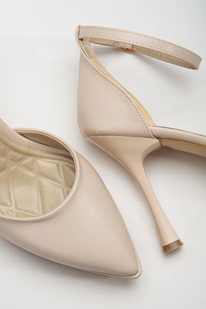 Edel Bej Cilt Platformlu Sivri Burunlu Kalın Topuklu Ayakkabı  