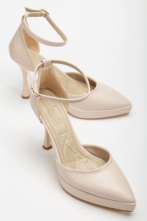 Edel Bej Cilt Platformlu Sivri Burunlu Kalın Topuklu Ayakkabı  