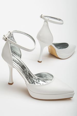 Edel Beyaz Cilt Platformlu Sivri Burunlu Kalın Topuklu Ayakkabı 