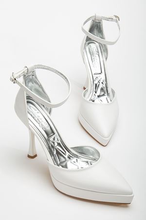 Edel Beyaz Cilt Platformlu Sivri Burunlu Kalın Topuklu Ayakkabı 