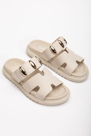 Rens Kadın Yumuşak Tabanlı Toka Detaylı Günlük Bej Terlik 