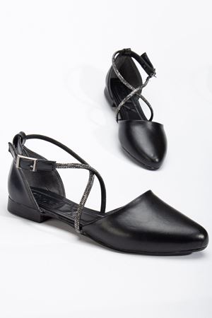 Bee Kadın Siyah Cilt Taş Detaylı Ortopedik Babet