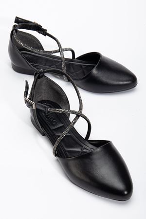 Bee Kadın Siyah Cilt Taş Detaylı Ortopedik Babet