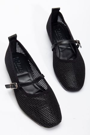  Luan Siyah Kadın Fileli Tek Bantlı Rahat Ergonomik Babet Yumuşak Taban