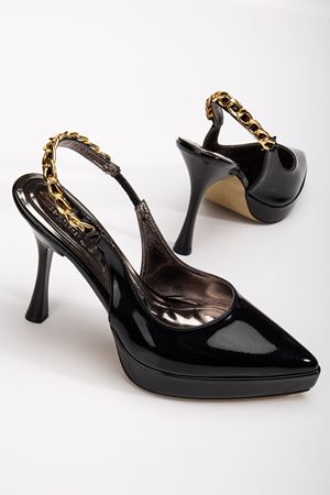 Essie Kadın Siyah Rugan Platformlu Sivri Burunlu Kalın Topuklu Ayakkabı