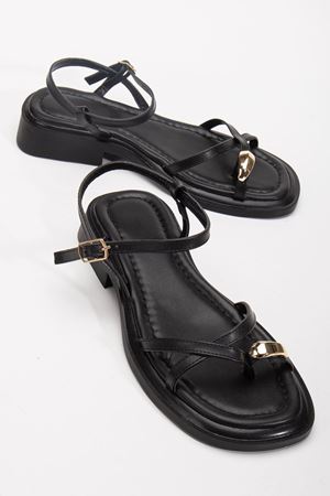 Kadın Siyah Gold Yüzük Detaylı Günlük Sandalet