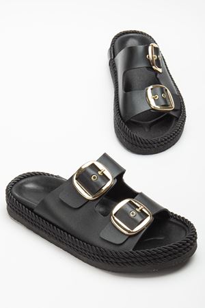 Kadın Siyah Günlük Çift Tokalı Rahat Taban Hasır Sandalet Terlik 