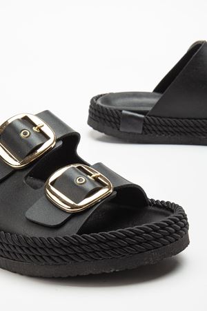 Kadın Siyah Günlük Çift Tokalı Rahat Taban Hasır Sandalet Terlik 