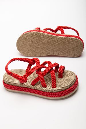 Bless Kadın Kırmızı Günlük Rahat Taban Hasır Sandalet Terlik 