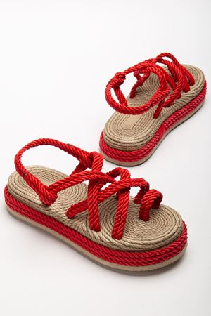 Bless Kadın Kırmızı Günlük Rahat Taban Hasır Sandalet Terlik 