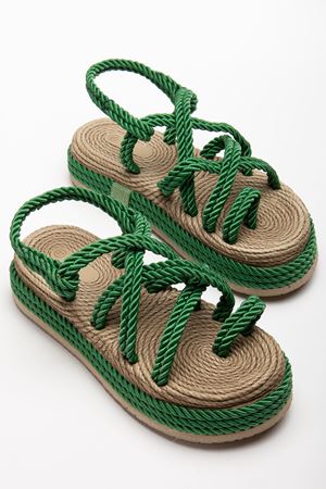 Bless Kadın Yeşil Günlük Rahat Taban Hasır Sandalet Terlik  