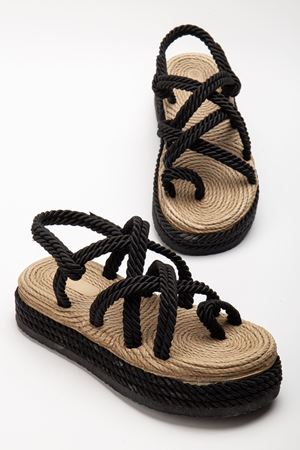 Bless Kadın Siyah Günlük Rahat Taban Hasır Sandalet Terlik  