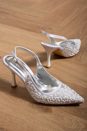 Blush Kadın Beyaz Saten İnci Detaylı Abiye Topuklu Kadın Ayakkabı