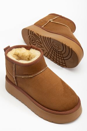  Mini Taba Süet Yarım Bot içi Tüylü Düz Taban Kadın Ayakkabı