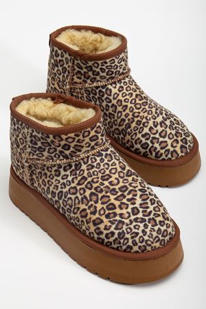  Mini Leopar Süet Yarım Bot içi Tüylü Düz Taban Kadın Ayakkabı 