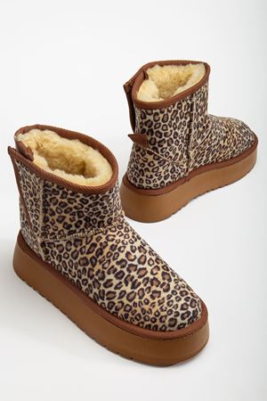  Mini Cırtcırtlı Leopar Süet Yarım Bot içi Tüylü Düz Taban Kadın Ayakkabı 
