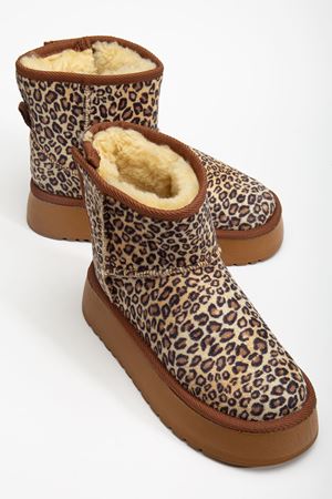  Mini Cırtcırtlı Leopar Süet Yarım Bot içi Tüylü Düz Taban Kadın Ayakkabı 