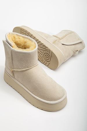  Mini Cırtcırtlı Bej Süet Yarım Bot içi Tüylü Düz Taban Kadın Ayakkabı  