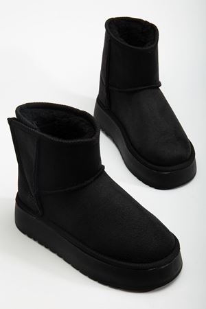  Mini Cırtcırtlı Siyah Süet Yarım Bot içi Tüylü Düz Taban Kadın Ayakkabı  