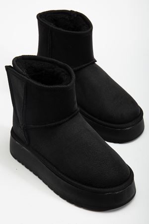  Mini Cırtcırtlı Siyah Süet Yarım Bot içi Tüylü Düz Taban Kadın Ayakkabı  