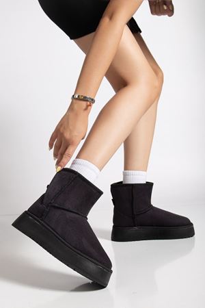  Mini Cırtcırtlı Siyah Süet Yarım Bot içi Tüylü Düz Taban Kadın Ayakkabı  