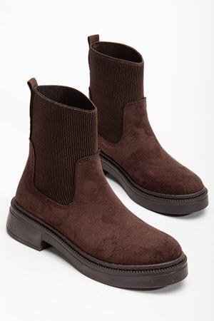 Kadın Kalın Taban Kahverengi Süet Elastik Yan Bantlı Günlük Bot 