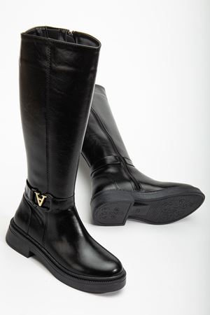 Kadın Siyah Parlak Cilt Toka Detaylı Çizme