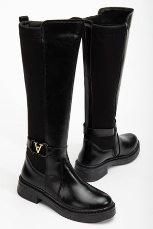 Kadın Siyah Cilt Streç Toka Detaylı Çizme 