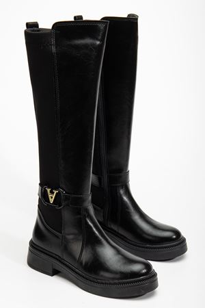 Kadın Siyah Cilt Streç Toka Detaylı Çizme 