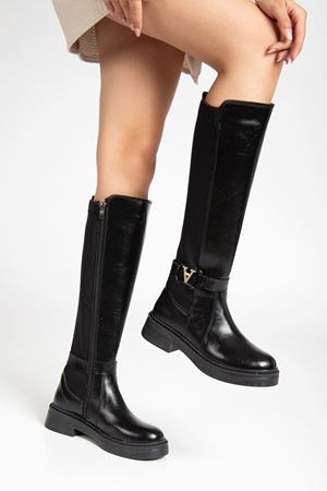 Kadın Siyah Cilt Streç Toka Detaylı Çizme 