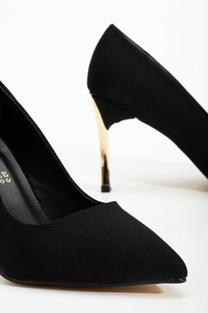 Kadın Siyah Saten Gold Ökçe Sivri Burun İnce Topuklu Stiletto