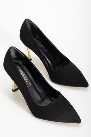 Kadın Siyah Saten Gold Ökçe Sivri Burun İnce Topuklu Stiletto