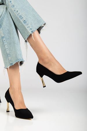 Kadın Siyah Saten Gold Ökçe Sivri Burun İnce Topuklu Stiletto