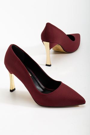 Kadın Bordo Saten Gold Ökçe Sivri Burun İnce Topuklu Stiletto 