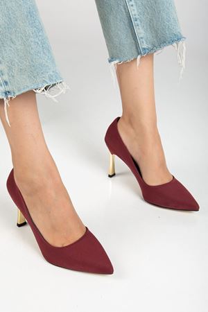 Kadın Bordo Saten Gold Ökçe Sivri Burun İnce Topuklu Stiletto 