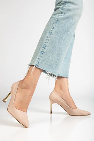 Kadın Bej Saten Gold Ökçe Sivri Burun İnce Topuklu Stiletto  