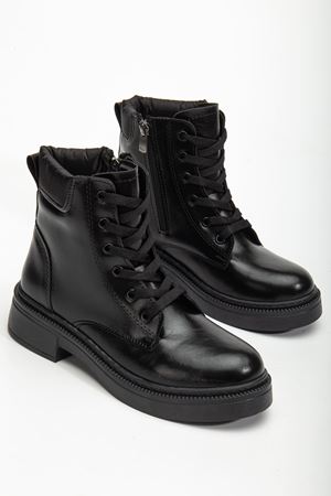 Kadın Siyah Cilt Bağcık Ve Fermuarlı Postal Bot