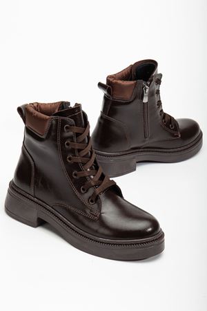 Kadın Kahverengi Cilt Bağcık Ve Fermuarlı Postal Bot